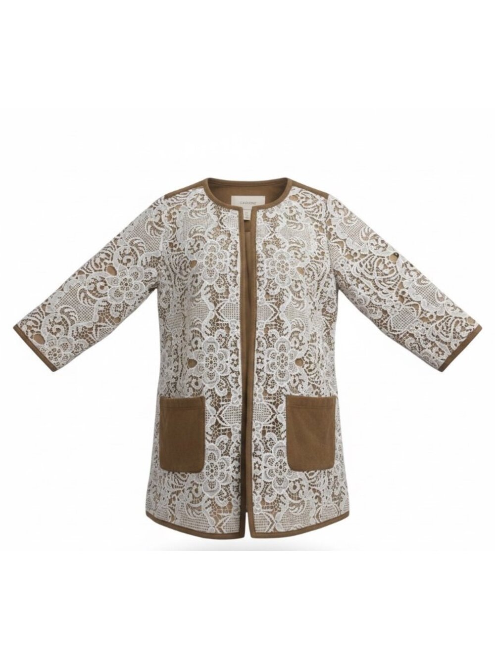Chicos Womens Tan Lace Overlay Knit Jacket With Pockets & 3/4 Sleeves Size 2